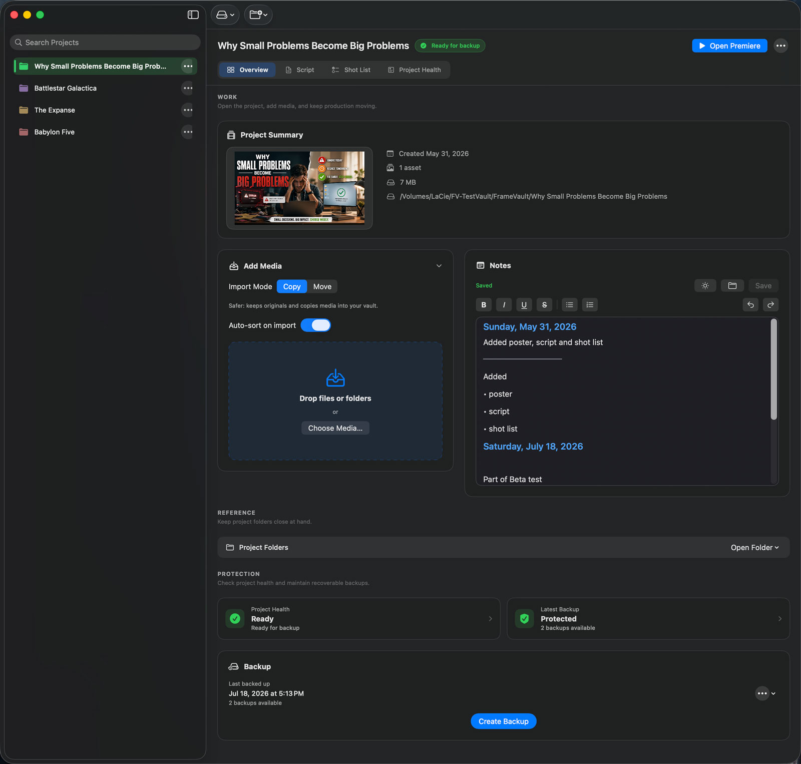 FrameVault interface showing a production project overview