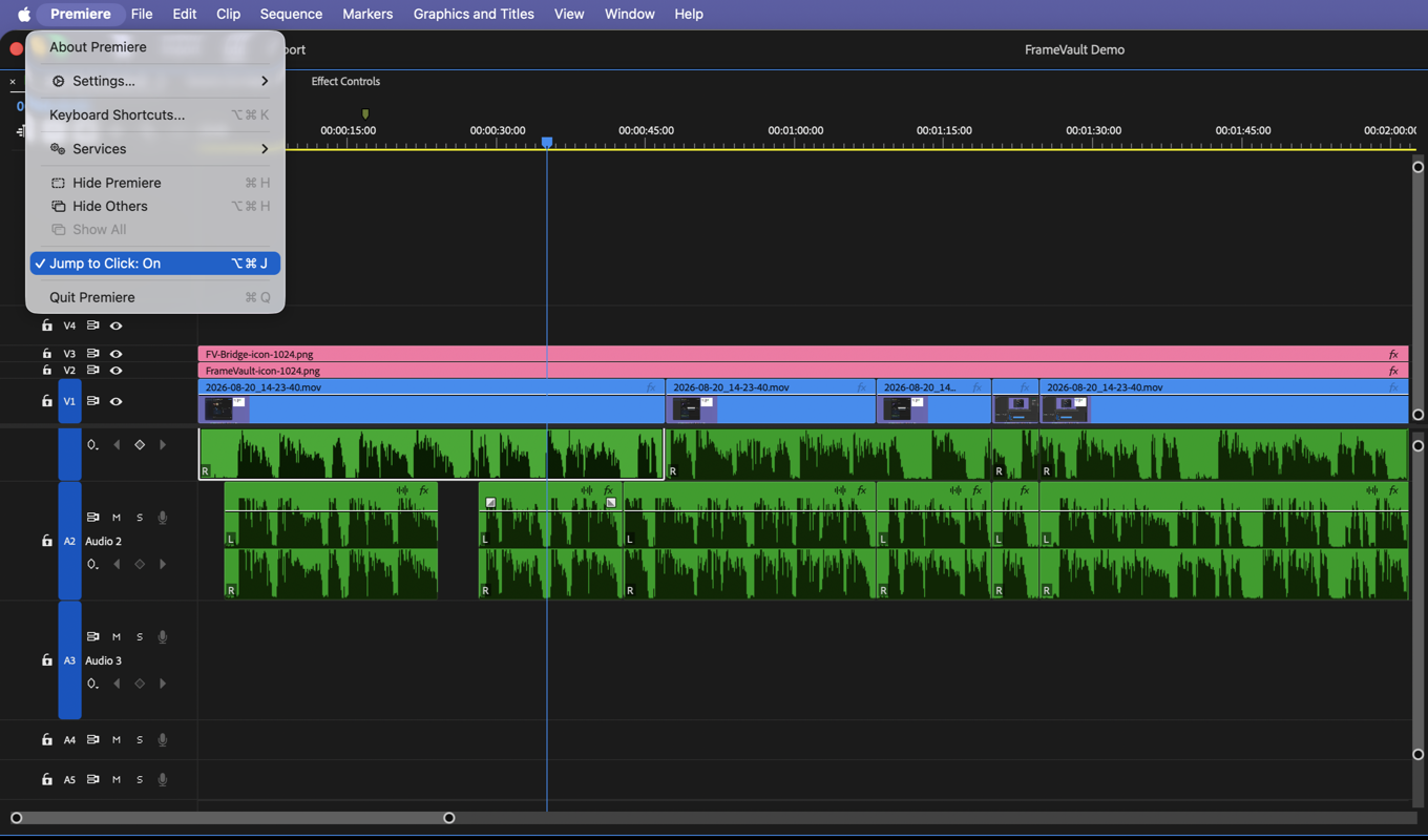 Premiere Timeline with the Jump to Click On menu command enabled